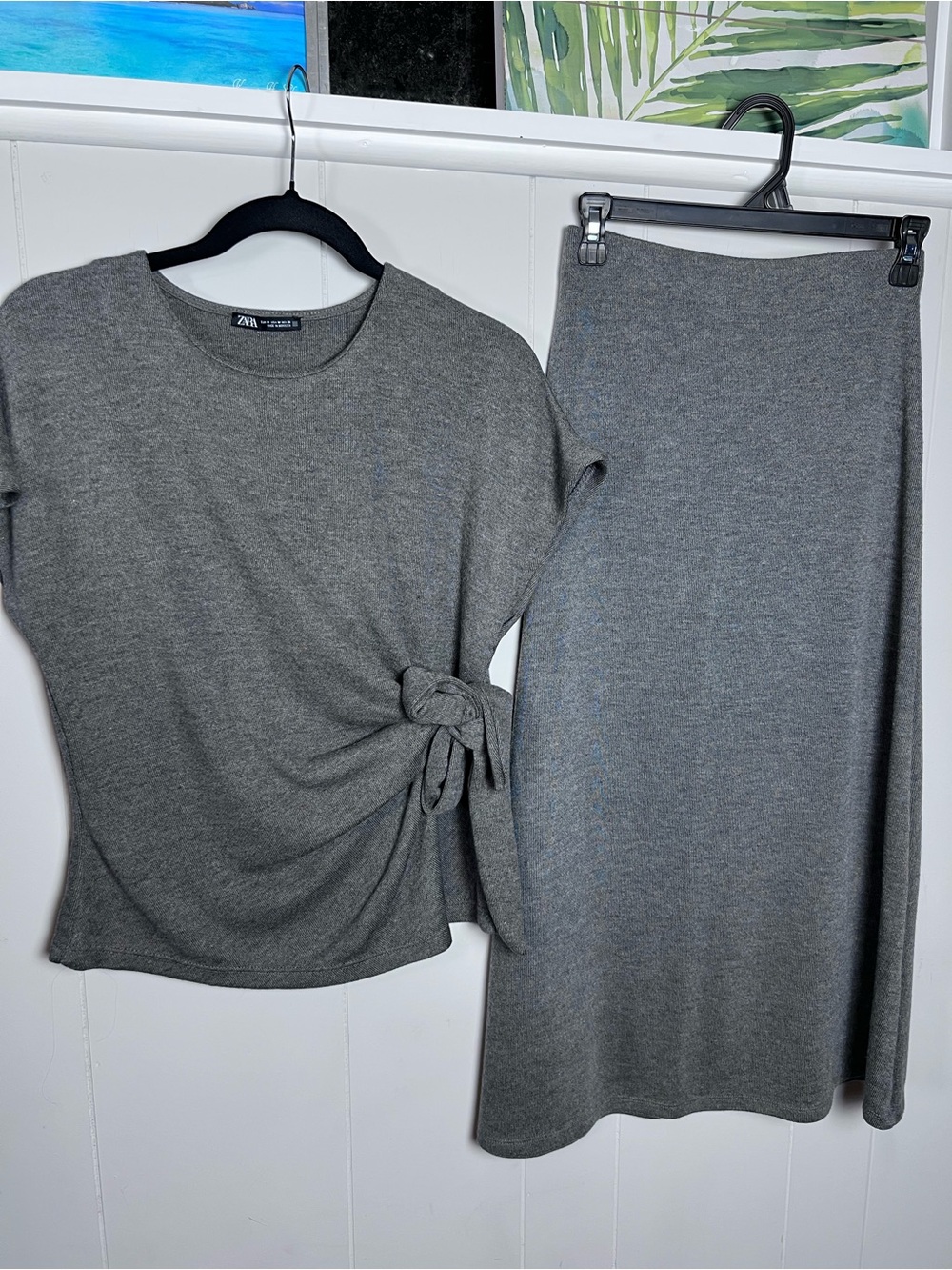 Zara Gray Knit Set Tie-Waist Top Medium Skirt Small